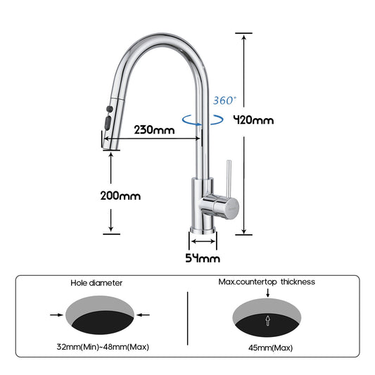 Decaura Kitchen Tap Pull Out 3-Mode Spray Head Chrome Sink Mixer Tap 360° Swivel