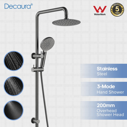 Decaura 8" Rain Shower Head Set Brushed Gunmetal Shower Taps Wall Tapware WELS