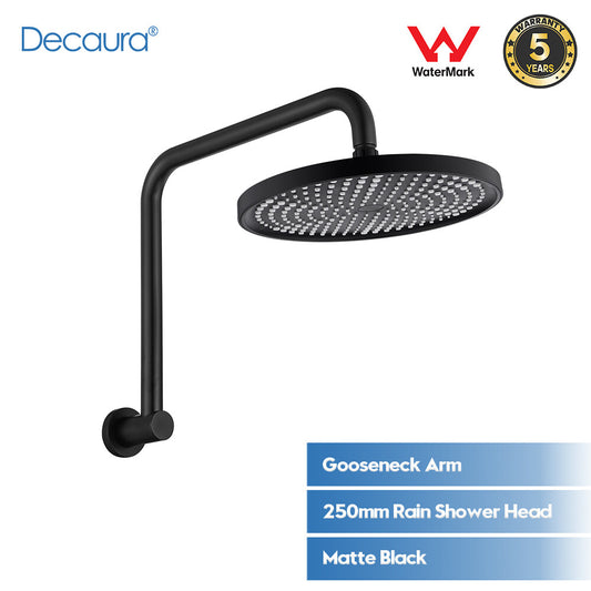 Decaura 10" Rain Shower Head Set Black Round Gooseneck Shower Arm Wall Tapware