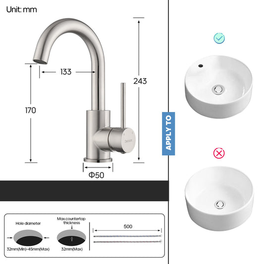 Decaura Bathroom Basin Mixer Tap Brushed Nickel with Swivel Arm 243mm tall