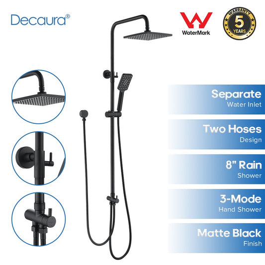 Decaura 8" Rain Shower Head Set Black Separate Water Inlet Elbow Shower Taps