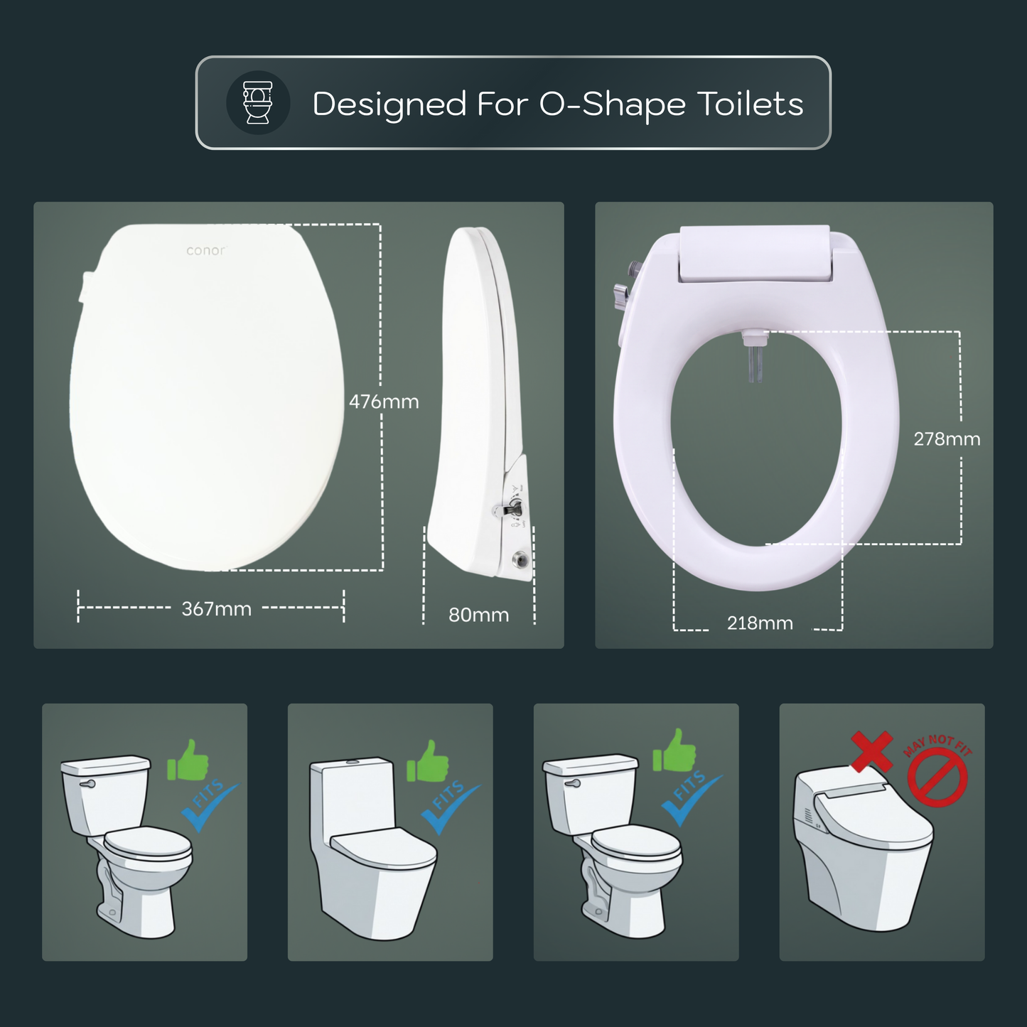 Conor Elara Non Electric O Shape Bidet Toilet Seat with Installation Kit