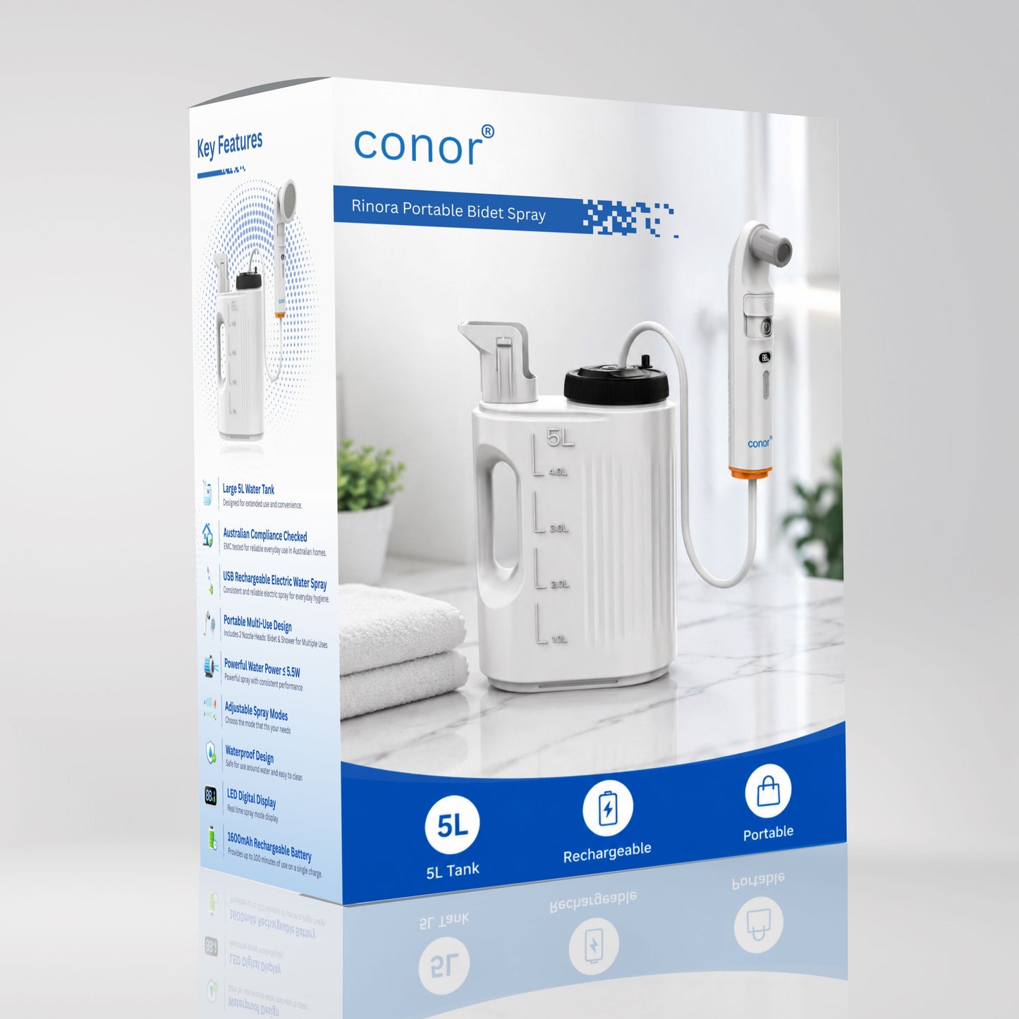 Conor Rinora portable bidet with 5L tank — side profile