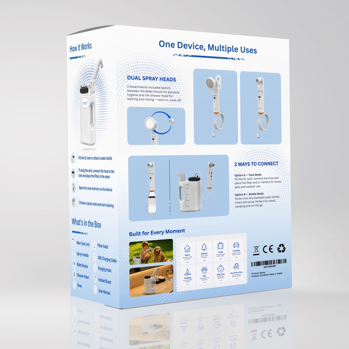 Conor Rinora portable bidet with 5L tank — spray handle detail
