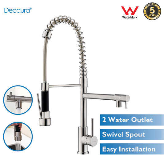 Decaura Kitchen Mixer Tap 2 Water Outlet Brushed Nickel 590mm high swivel Spout
