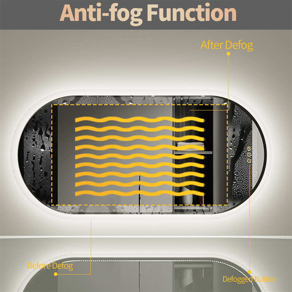 Oval Lighted LED Bathroom Mirror Pill Shaped Anti-Fog Smart Makeup Vanity Mirror