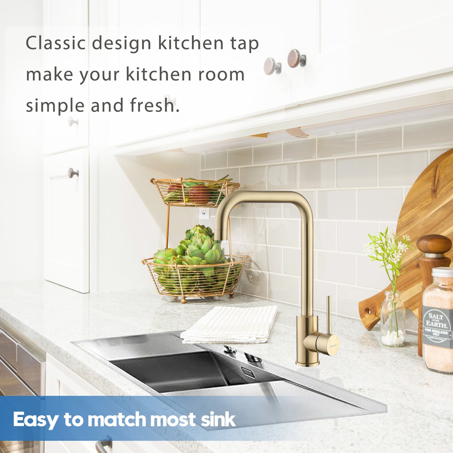 Decaura Kitchen Mixer Tap Brushed Gold Sink Faucet Swivel Arm