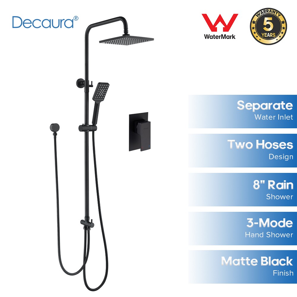 Decaura 8" Rain Shower Head Set Black Separate Water Inlet Elbow Shower Taps