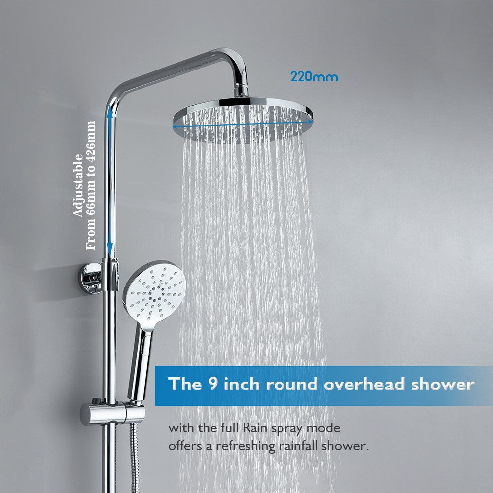 WELS 9" Rain Shower Head Set Separate Water Inlet Elbow Chrome Round Rail