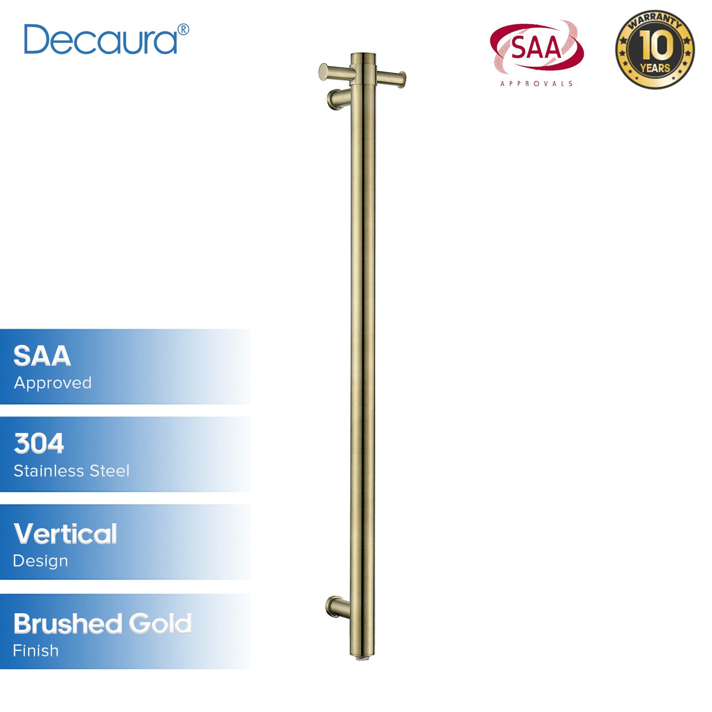 Decaura Wall Mounted Heated Towel Rail Rack Vertical 1 Bar 304 Stainless Steel