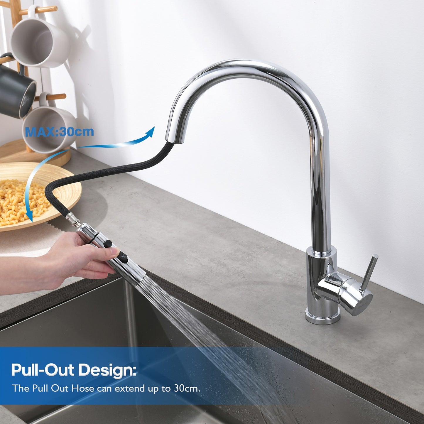 Decaura Kitchen Tap Pull Out 3-Mode Spray Head Chrome Sink Mixer Tap 360° Swivel