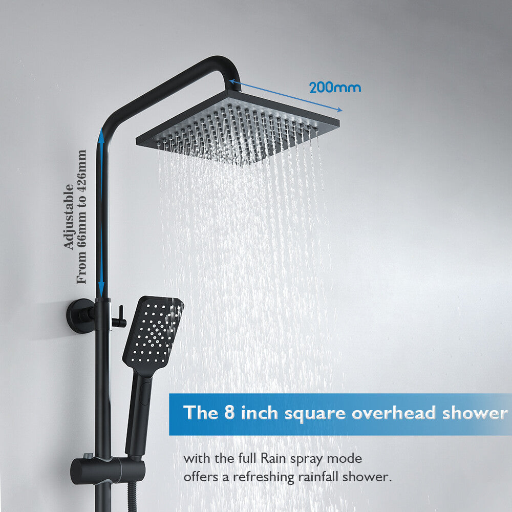 Decaura Dual Shower Head Set Square Matte Black 8" Rain Shower Head 3-Mode Hand
