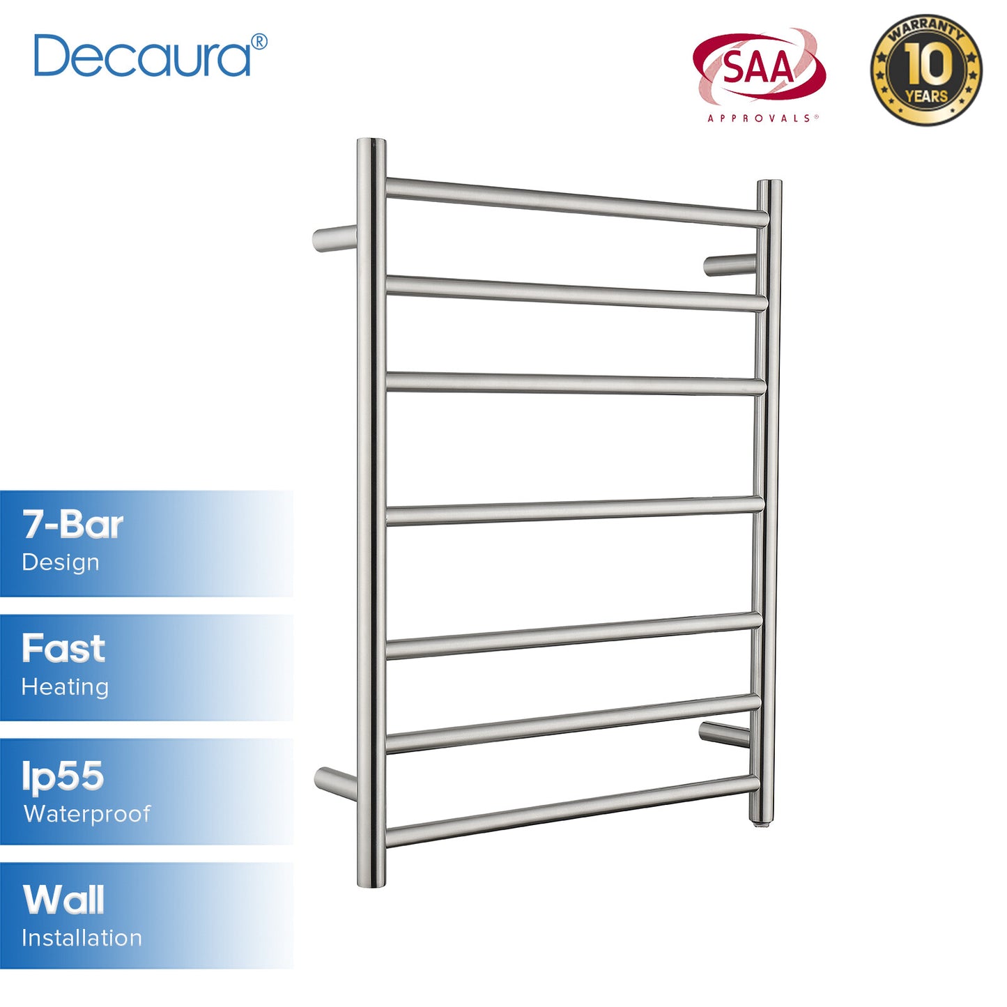 Decaura Wall Mounted Heated Towel Rail 7 Bars 304 Stainless Steel Round/Square