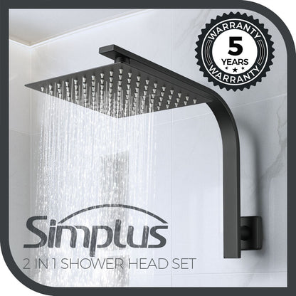 Simplus 8" Rain Shower Head Set Square Gooseneck Shower Arm Wall Mounted Black