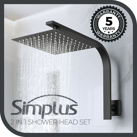 Simplus 8" Rain Shower Head Set Square Gooseneck Shower Arm Wall Mounted Black