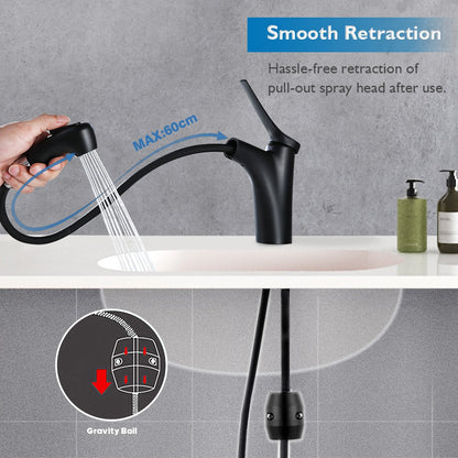 Decaura Black Bathroom Basin Mixer Tap Vanity Faucet Pull Out 2-mode Spray