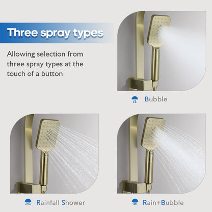 Decaura Brushed Gold Shower Head Set Square 20cm Rainfall 3-Mode Hand Held
