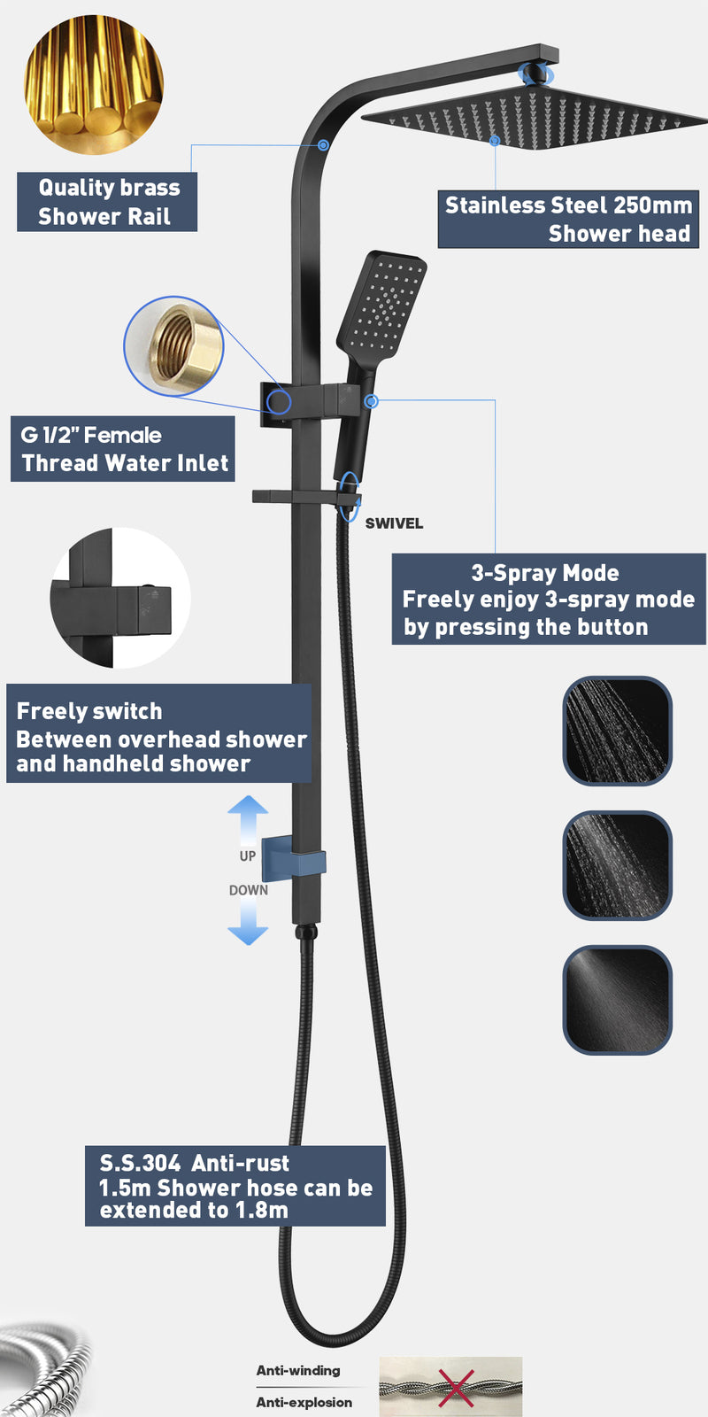 Decaura 10" Rain Shower Head Set Square Shower Taps Chrome/Black Gooseneck Arm