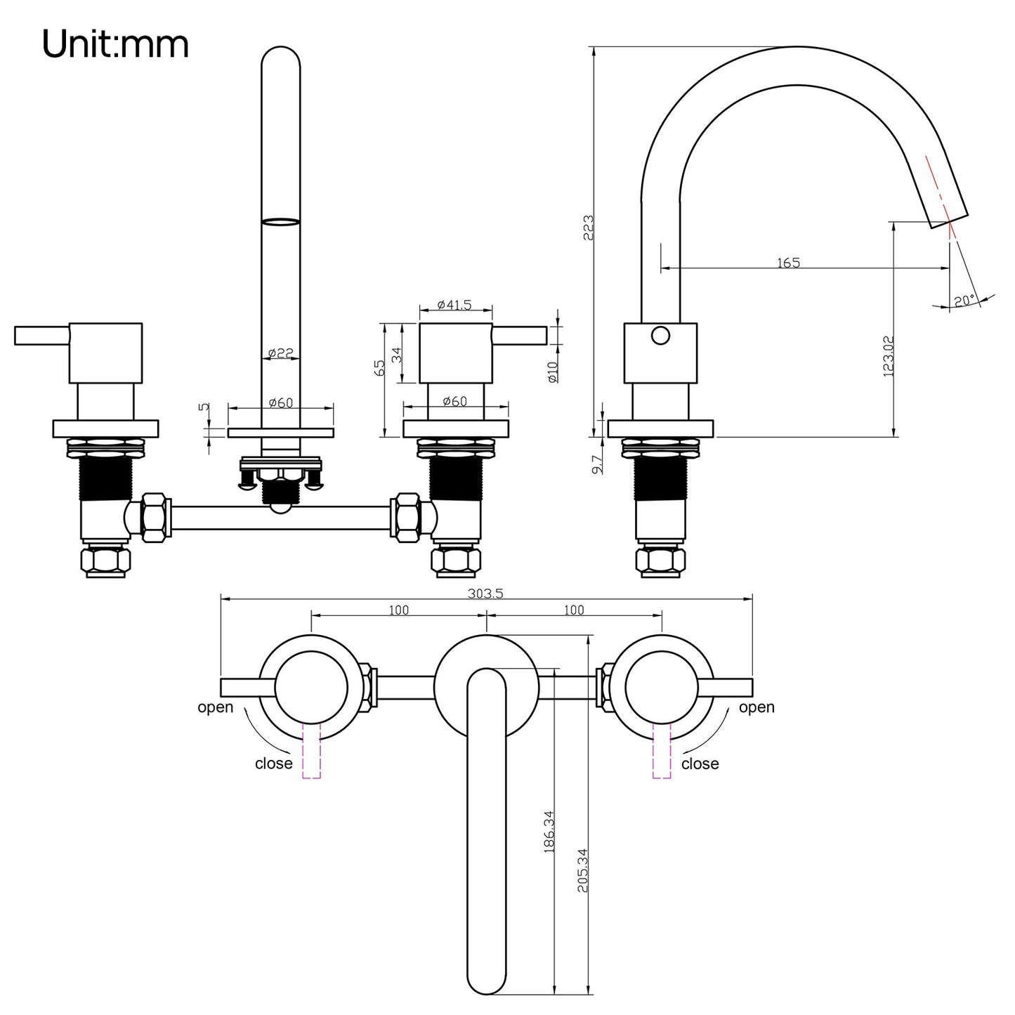 Decaura Basin Tap Set 2 Handles Chrome Swivel Gooseneck Spout and 1/4 turn Taps