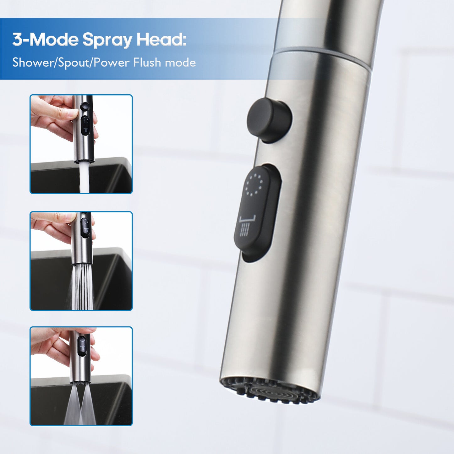 Decaura Kitchen Sink Mixer Tap Faucet Pull Out 3-Mode Metal Spray Head Stainless