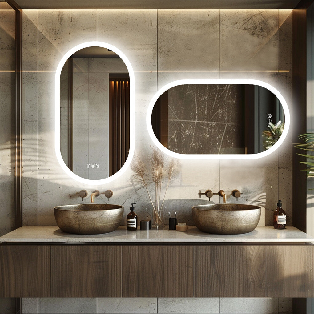 Oval Lighted LED Bathroom Mirror Pill Shaped Anti-Fog Smart Makeup Vanity Mirror