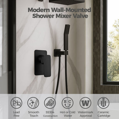 Simplus SS304 Shower Mixer Tap Square Head Bath Tub Wall Mount Watermark Black