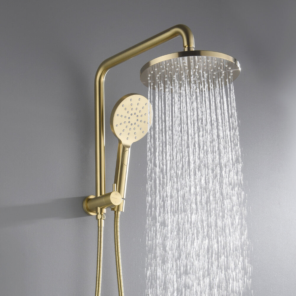 Decaura 9" Rain Shower Head Set Brushed Gold Gooseneck Arm 3-Mode Hand Held