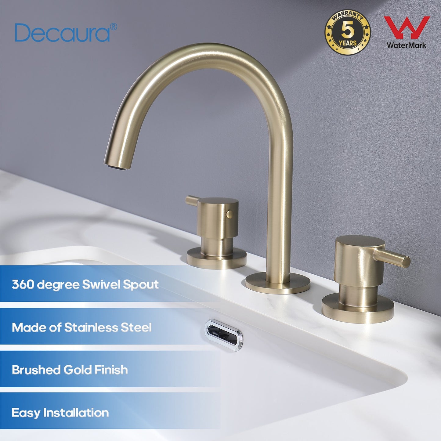 Decaura Basin Tap Set Brushed Gold Swivel Spout 1/4 turn Taps Two Lever Handle