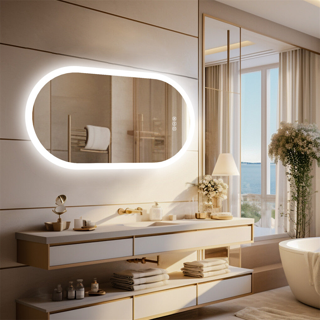 Oval Lighted LED Bathroom Mirror Pill Shaped Anti-Fog Smart Makeup Vanity Mirror