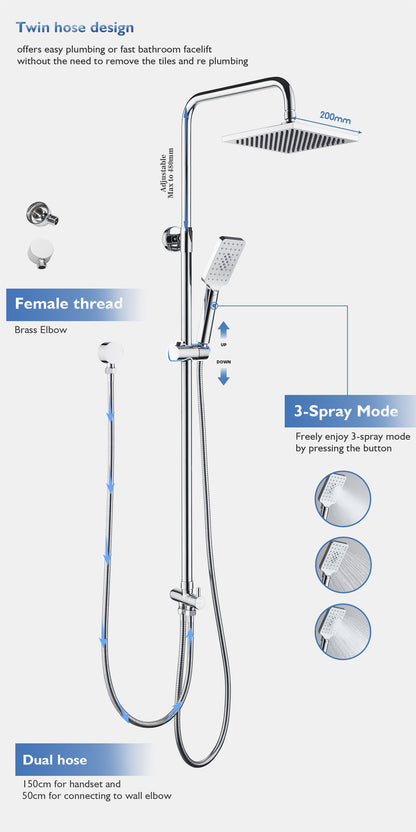 Decaura Shower Head Set 2-Hose Design Square 8" Rain Shower Wall Tapware Chrome