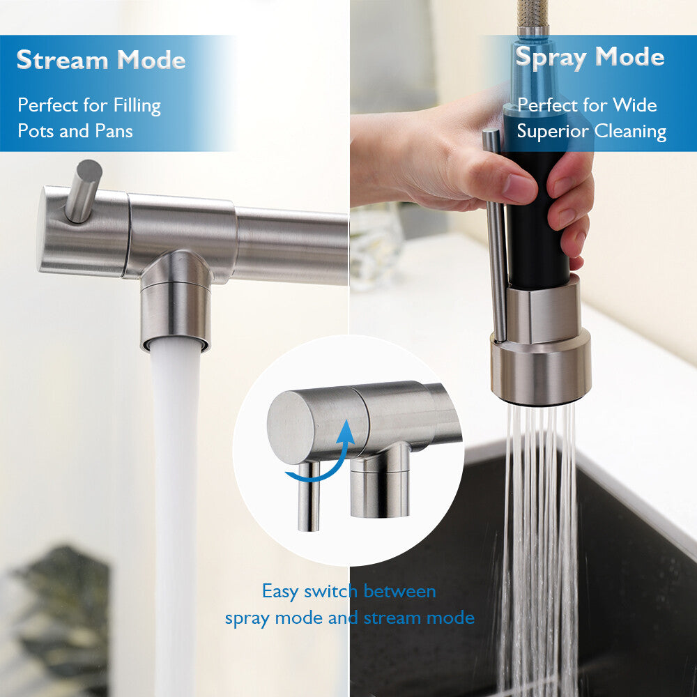Decaura Kitchen Mixer Tap 2 Water Outlet Brushed Nickel 590mm high swivel Spout