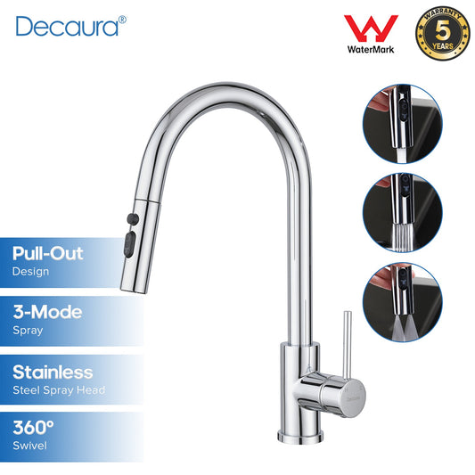 Decaura Kitchen Tap Pull Out 3-Mode Spray Head Chrome Sink Mixer Tap 360° Swivel