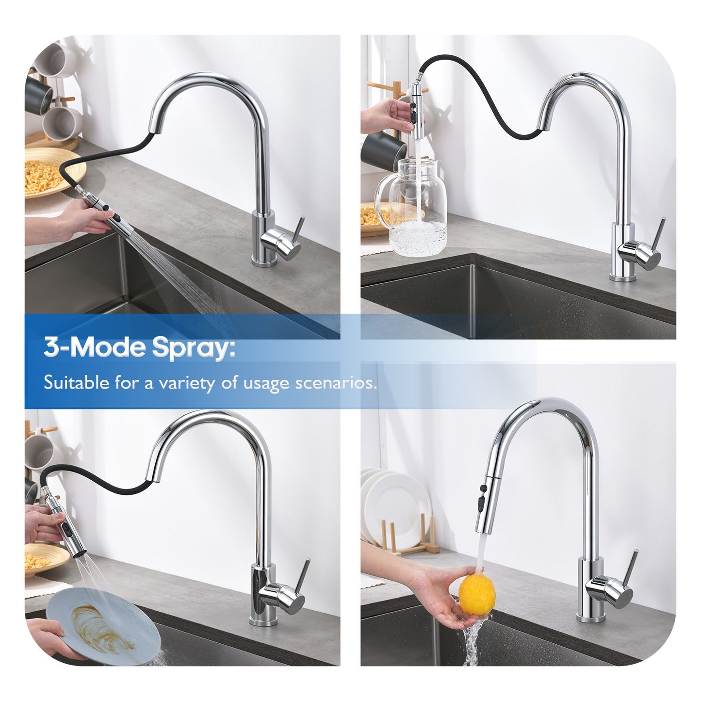 Decaura Kitchen Tap Pull Out 3-Mode Spray Head Chrome Sink Mixer Tap 360° Swivel