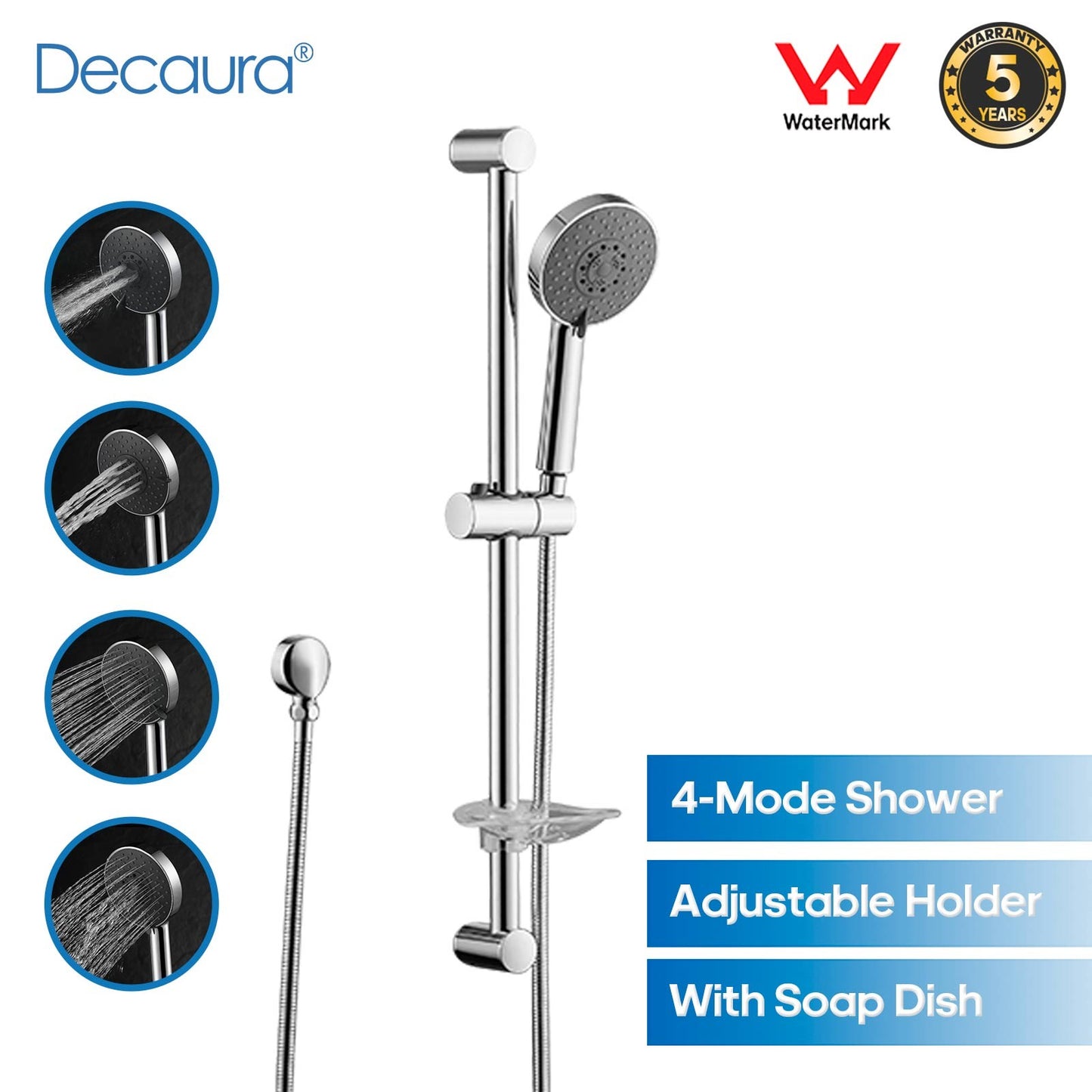 Decaura Hand Held Shower Head on Sliding Rail with Soap Holder Chrome Bathroom