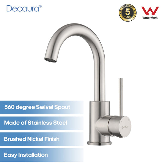 Decaura Bathroom Basin Mixer Tap Brushed Nickel with Swivel Arm 243mm tall