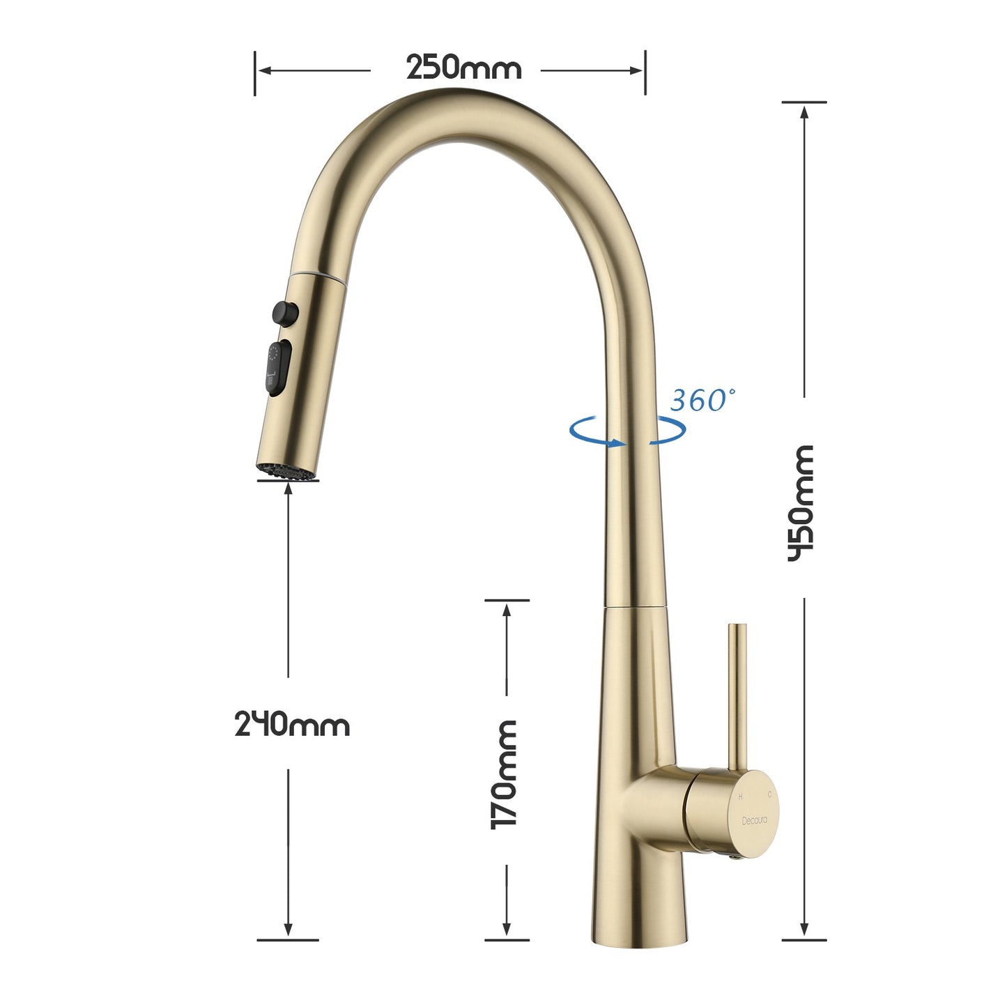 Decaura Kitchen Tap Sink Mixer Faucet Brushed Gold Pull Out 3-Mode Spray Head