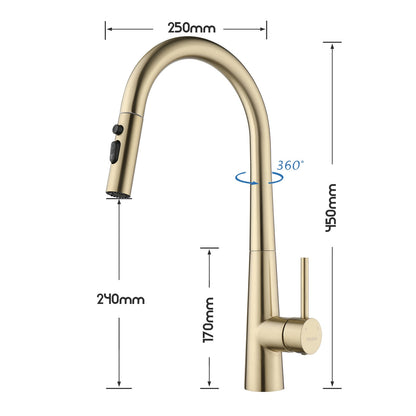 Decaura Kitchen Tap Sink Mixer Faucet Brushed Gold Pull Out 3-Mode Spray Head