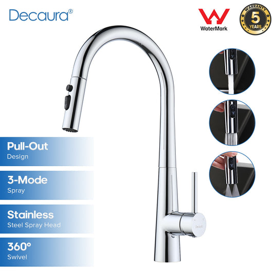 Decaura Kitchen Tap Pull Out Sink Mixer Spray Head 3-Mode Stainless Steel Chrome