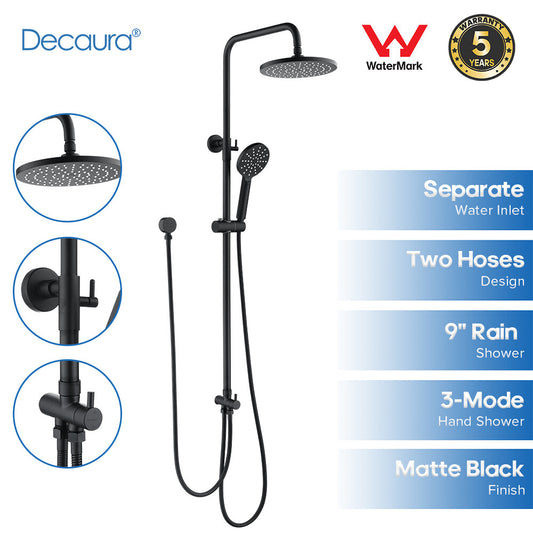 Decaura 9" Rain Shower Head Set Black Separate Water Inlet Elbow Round Gooseneck