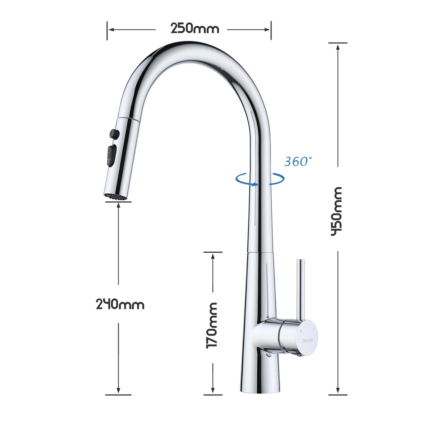 Decaura Kitchen Tap Pull Out Sink Mixer Spray Head 3-Mode Stainless Steel Chrome
