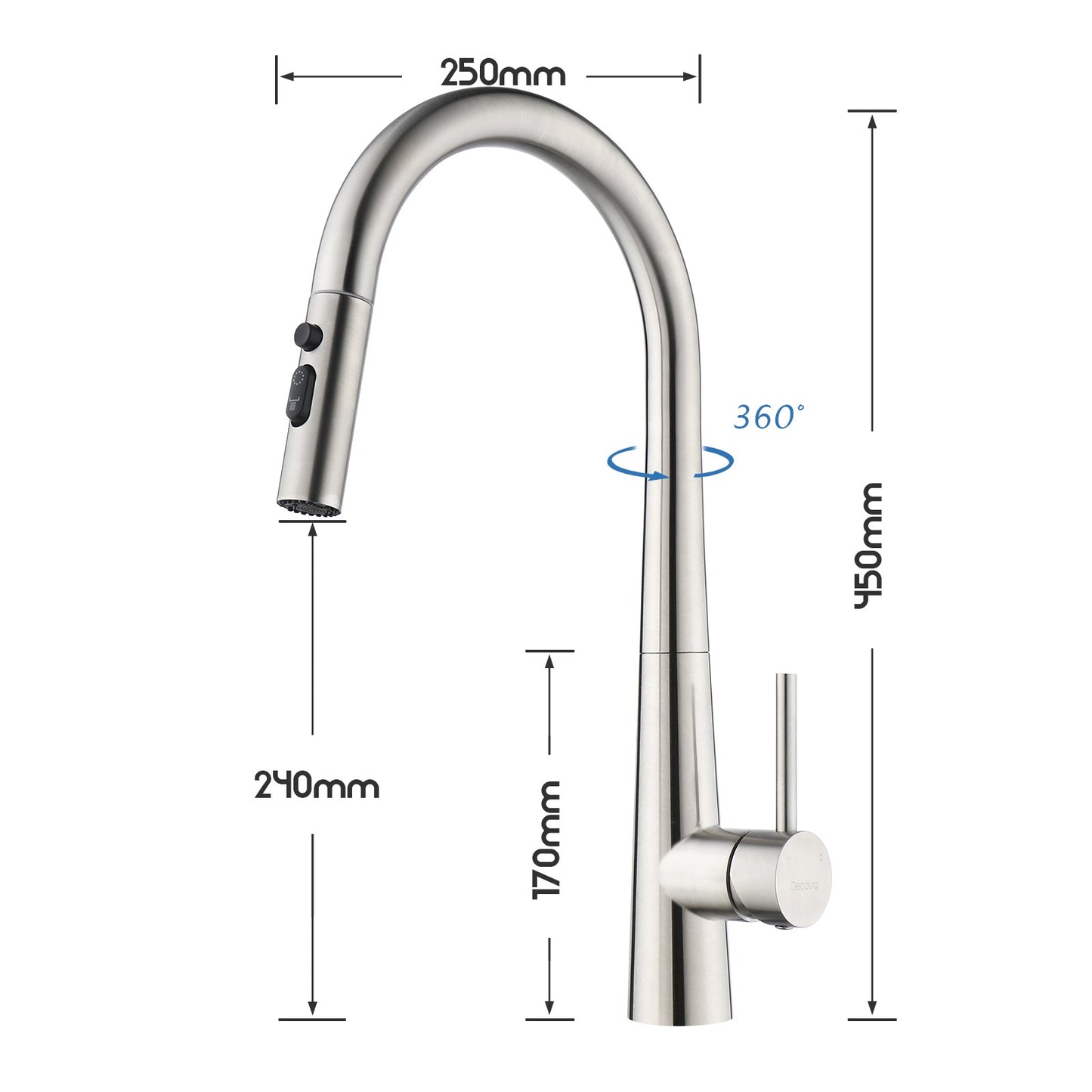 Decaura Kitchen Sink Mixer Tap Faucet Pull Out 3-Mode Metal Spray Head Stainless