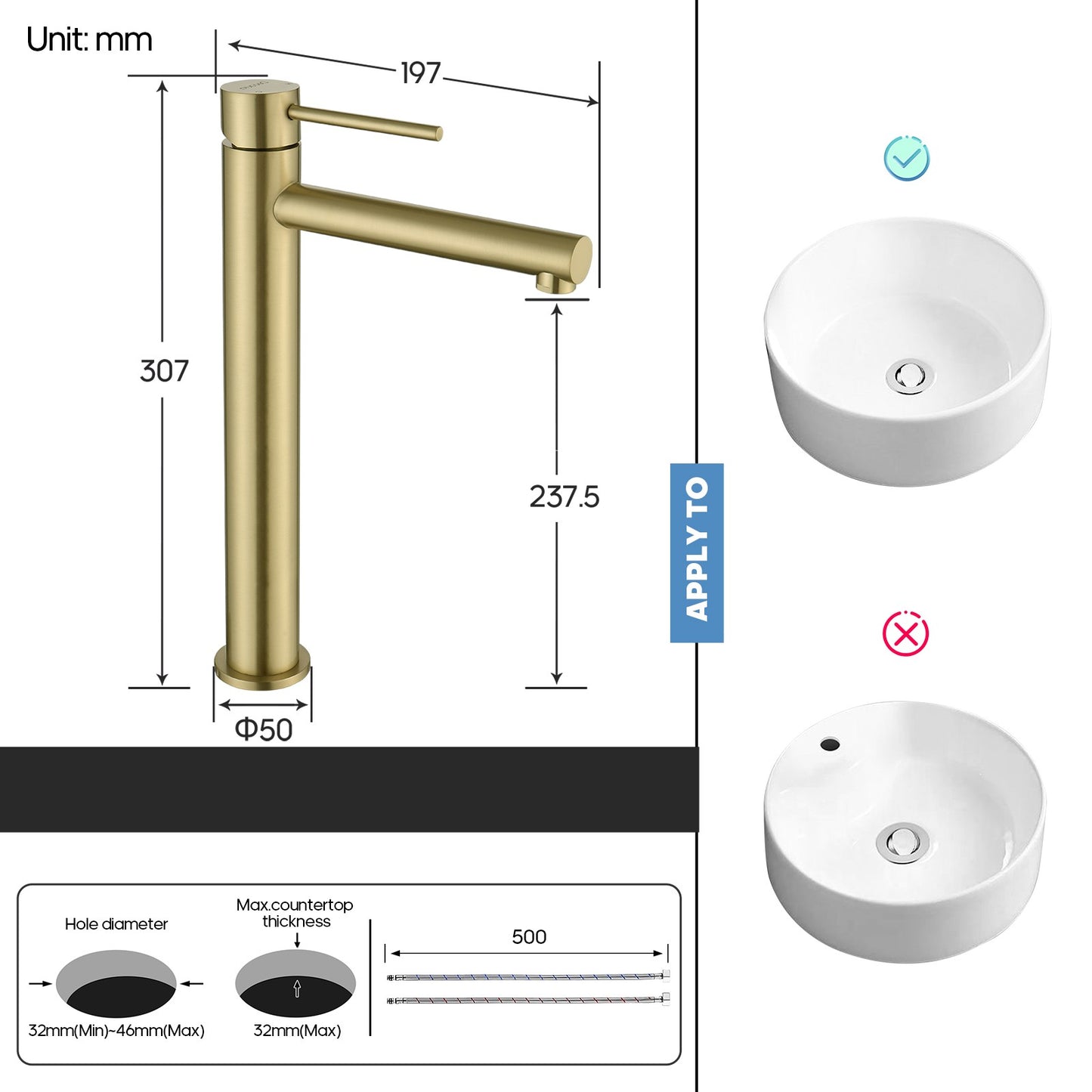 Decaura Brushed Gold Bathroom Basin Mixer Tap 307mm Round Faucet for Countertop