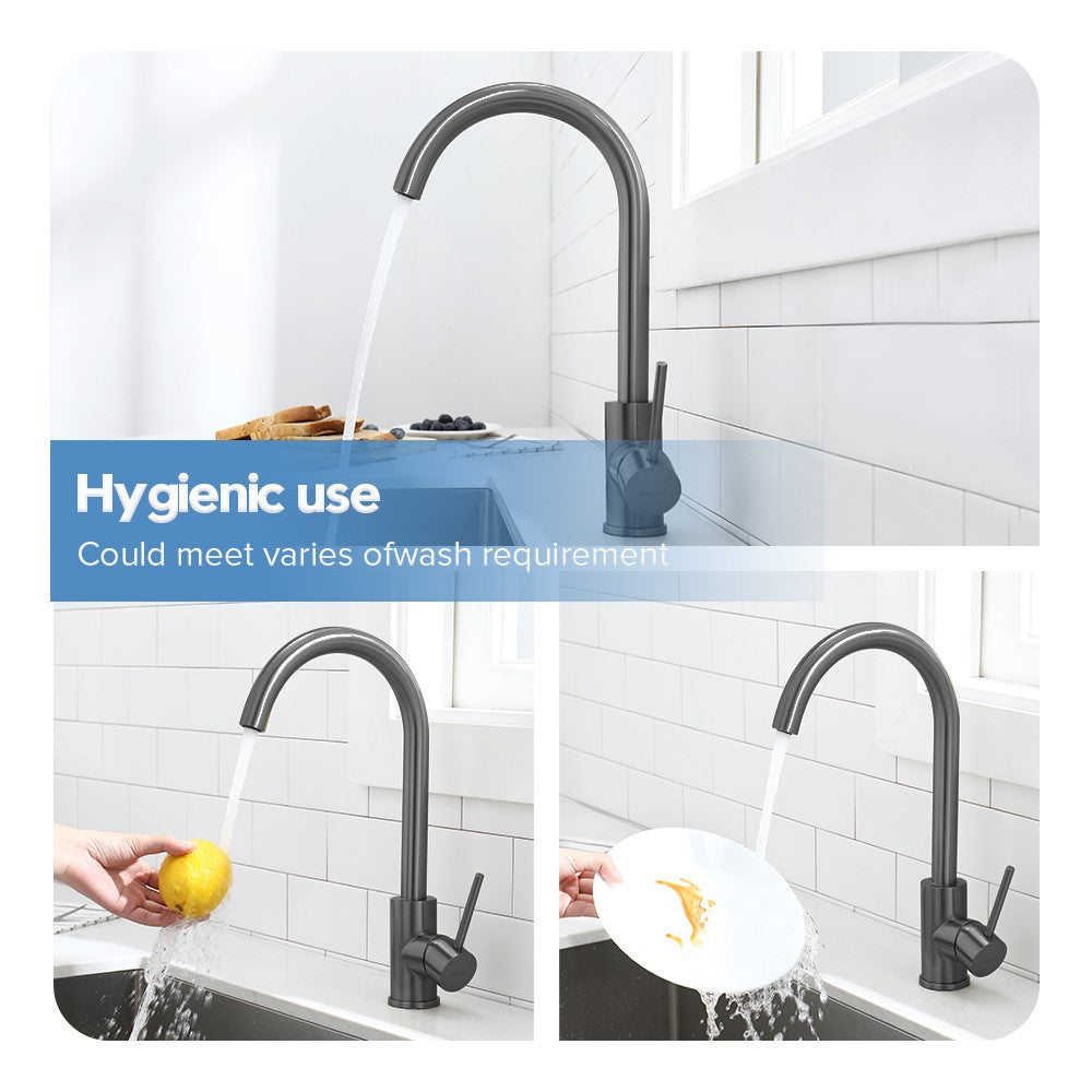 Decaura Kitchen Sink Mixer Tap Brushed Gunmetal Grey Swivel Gooseneck Arm Round