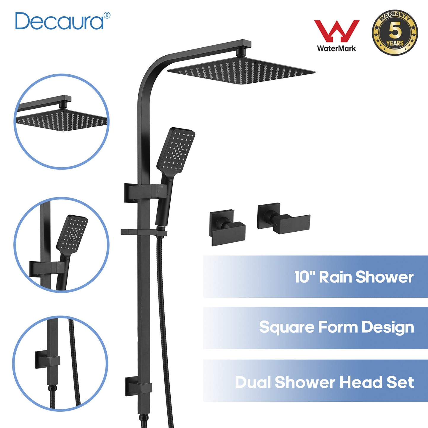 Decaura 10" Rain Shower Head Set Square Shower Taps Chrome/Black Gooseneck Arm