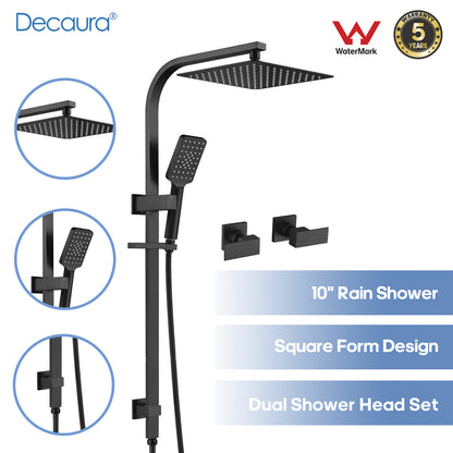 Decaura 10" Rain Shower Head Set Square Shower Taps Chrome/Black Gooseneck Arm