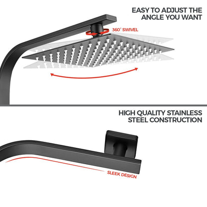 Simplus 8" Rain Shower Head Set Square Gooseneck Shower Arm Wall Mounted Black