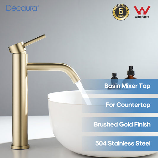 Decaura Basin Mixer Tap Brushed Gold Bathroom Taps Tall Gooseneck Spout SUS304
