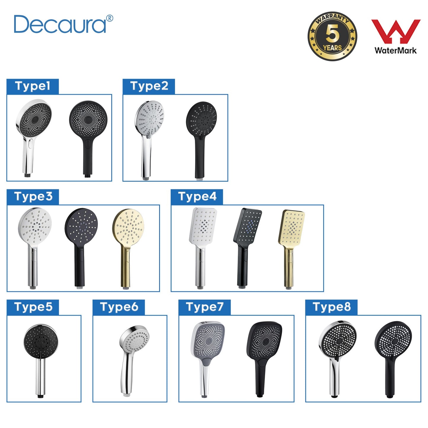 Decaura Round/Square Hand Held Shower Head 3/4/5-Mode Spray with Shower Hose