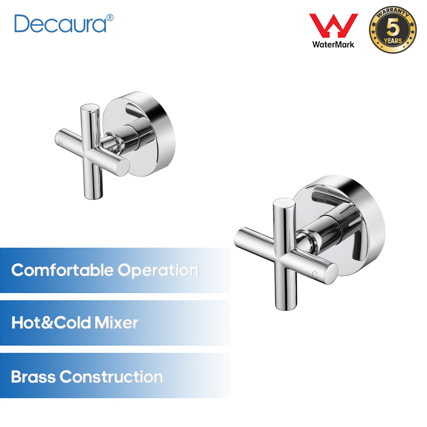 Decaura Shower Taps Two Mixer 1/4 Turn Chrome Cross Handle Wall Top Assemblies