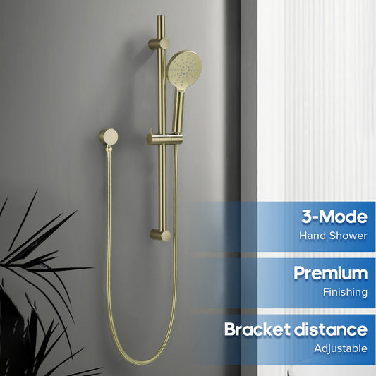 Decaura Shower Rail Set Hand Held Shower Head on Sliding Bar Brushed Gold Taps